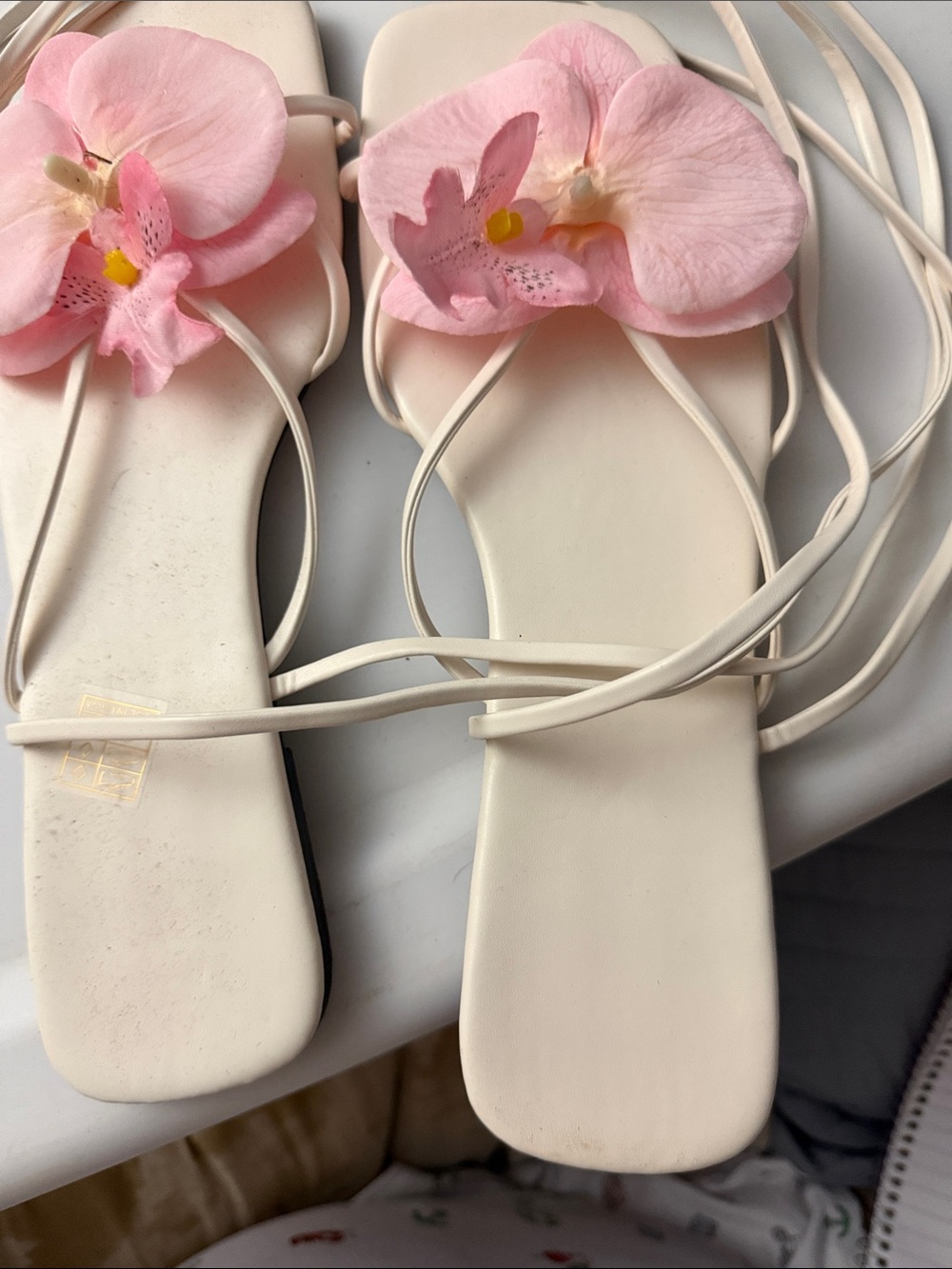 Women’s Cream Lace-Up Sandals with Pink Floral Accent